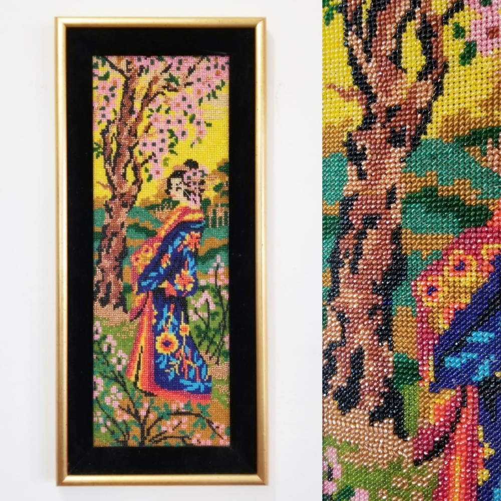 VTG 60s Geisha Beaded Needlepoint Wall Art